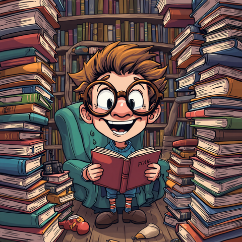 Grappige cartoon van een enthousiaste lezer omringd door torenhoge stapels kleurrijke tweedehands boeken — The King of Books