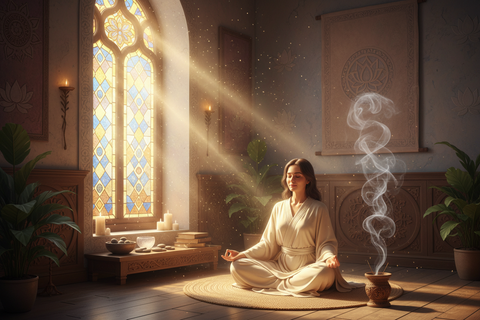 Vrouw in meditatie bij zacht zonlicht in spirituele setting met wierook en glas-in-loodraam.