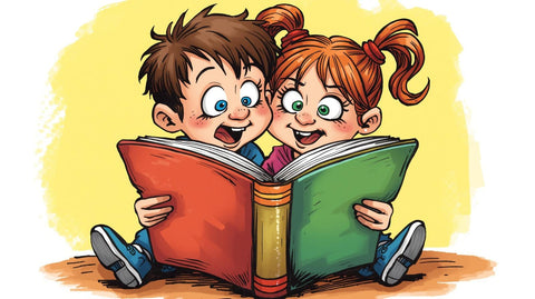 Een illustratie in felle kleuren van twee kinderen die volledig opgaan in een verhaal. Hun expressies stralen plezier, nieuwsgierigheid en verwondering uit terwijl ze samen een boek ontdekken.